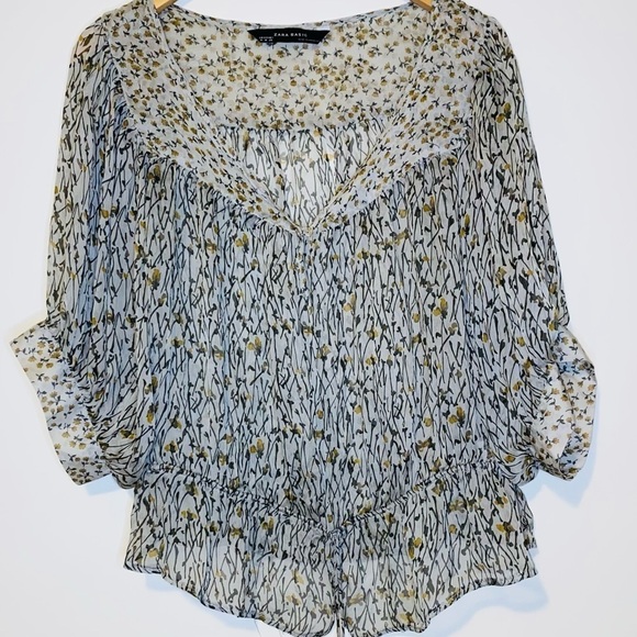 NWOT Zara Sage Floral Boho 100% Silk Sheer 3/4 Cuffed Sleeve Top Size M - Picture 1 of 11